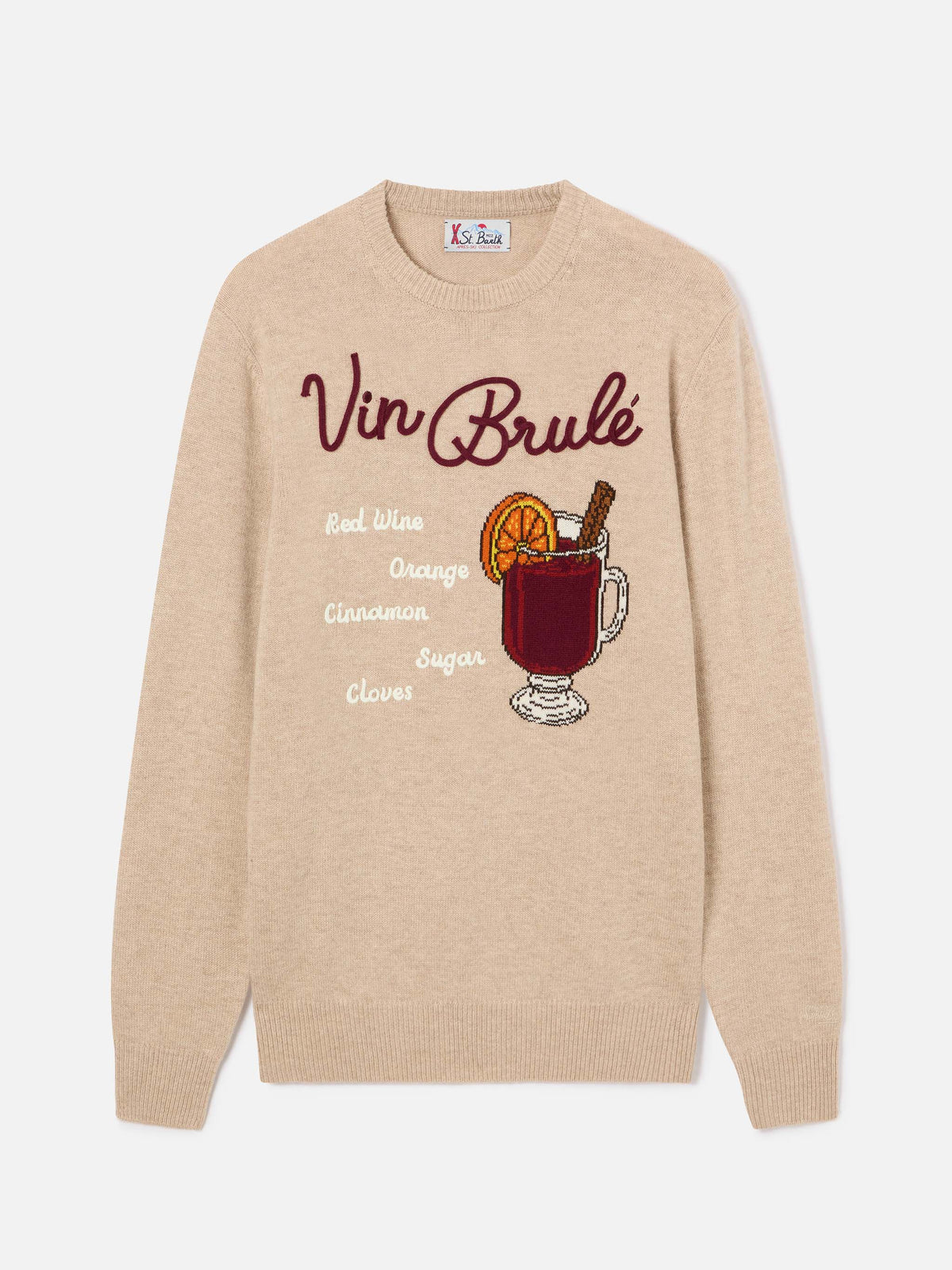 Beiger Heron Rundhals-Strickpullover mit Vin Brulé Intarsie und Stickerei 