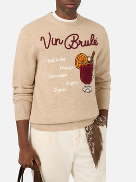 Pull ras-du-cou Beige Heron en maille avec intarsia et broderie Vin Brulé 