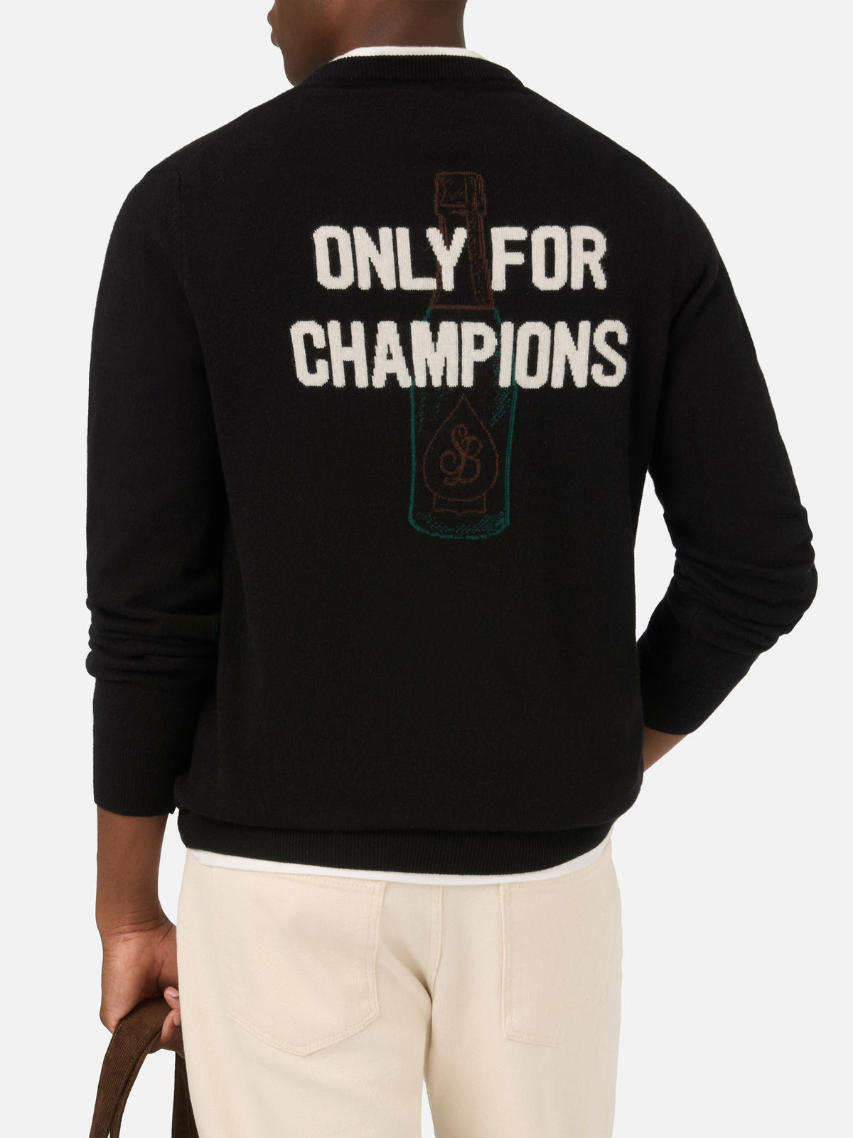 Maglia girocollo Heron nera con intarsio e ricamo Only For Champions sul retro