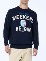 Maglione da uomo blu Heron con stampa Let the Weekend be gin