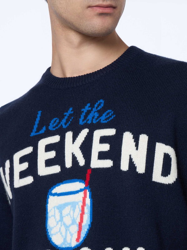 Blauer Herrenpullover Heron mit Weekend Begin-Print