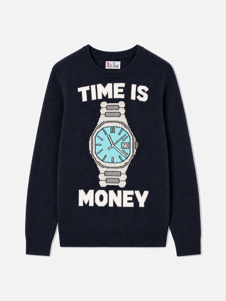 Navy blue Heron crewneck sweater with Time is money lettering
