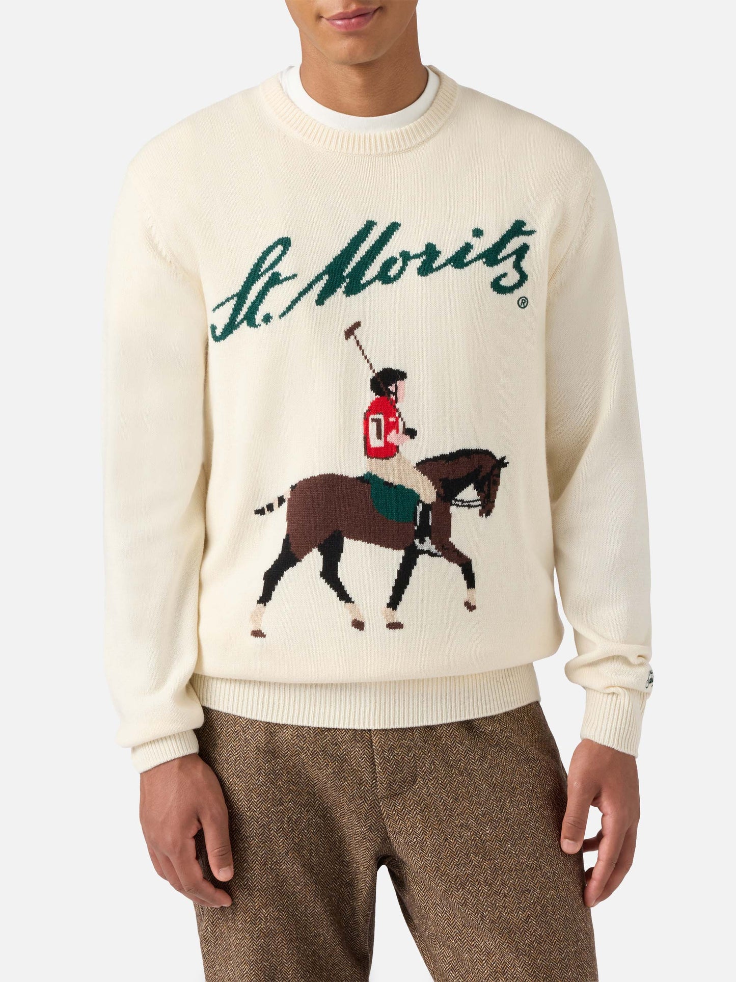 Maglione Heron bianco con jacquard St. Moritz Polo