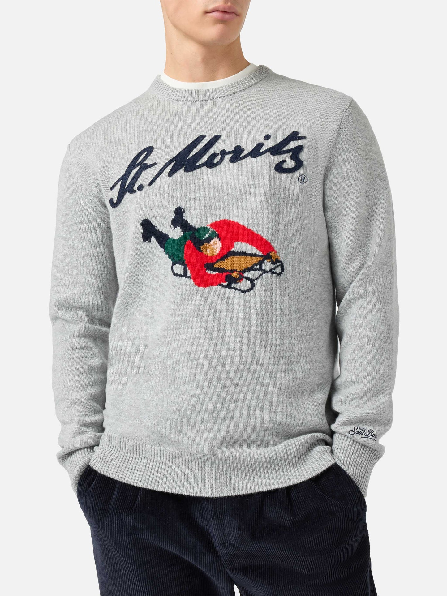 Heron crewneck in grey with St. Moritz jacquard and patch | ST. MORITZ TOP OF THE WORLD SPECIAL EDITION