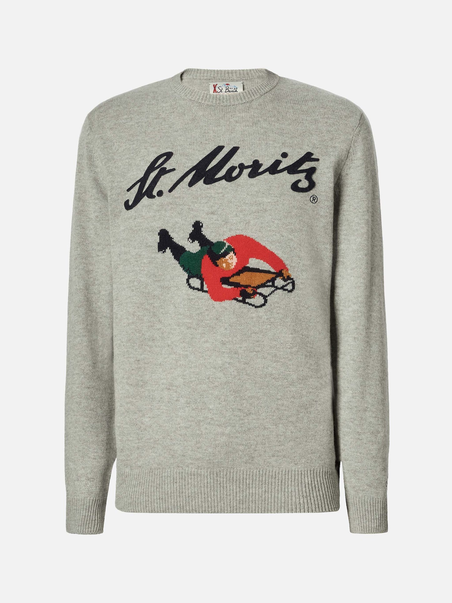 Heron crewneck in grey with St. Moritz jacquard and patch | ST. MORITZ TOP OF THE WORLD SPECIAL EDITION