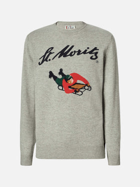Heron crewneck in grey with St. Moritz jacquard and patch | ST. MORITZ TOP OF THE WORLD SPECIAL EDITION