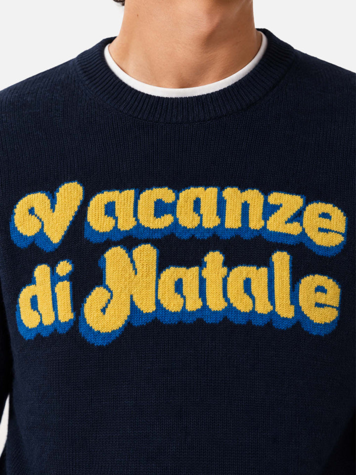 Navy blue Heron crewneck sweater with Vacanze di Natale logo jacquard | Special edition