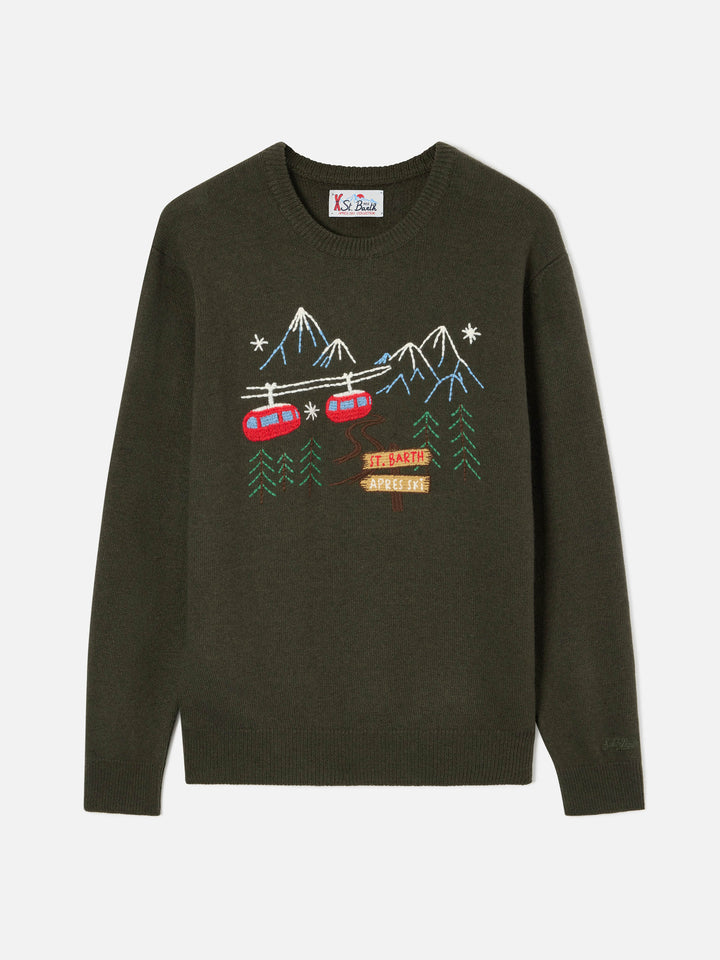 Pull col rond Heron vert militaire avec broderie montagne 