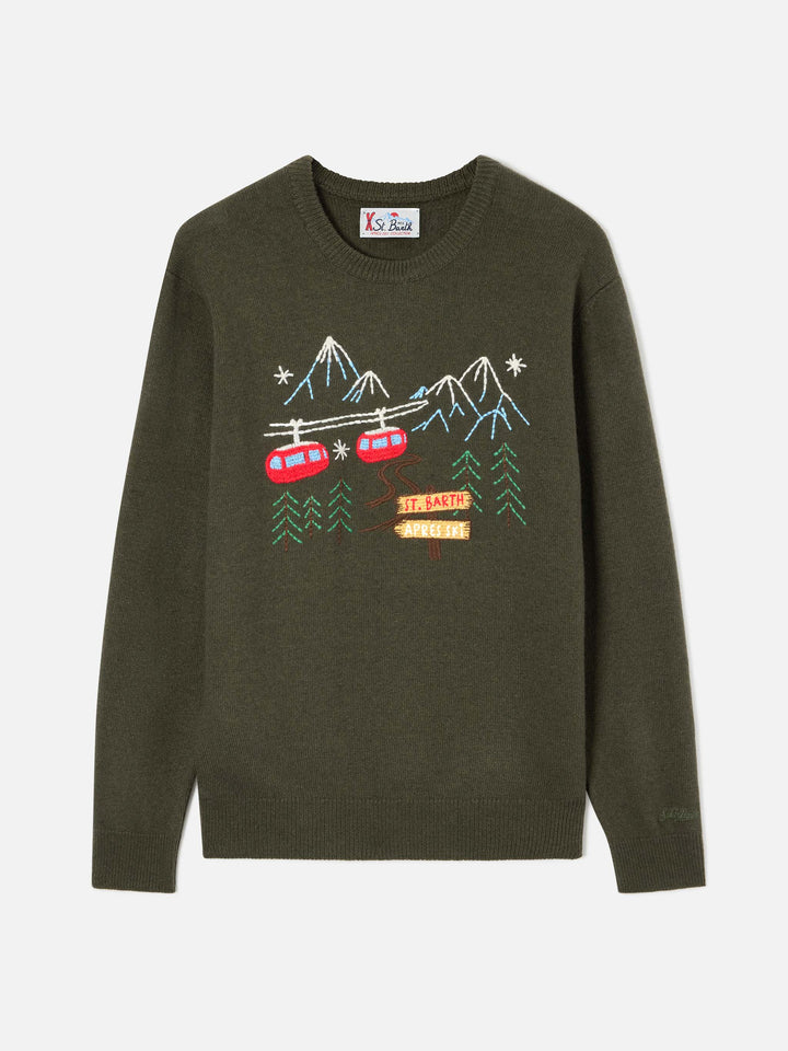 Military green Heron crewneck knit with mountain embroidery