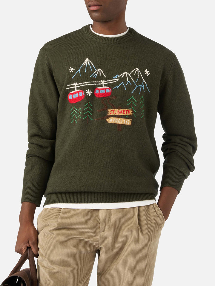 Military green Heron crewneck knit with mountain embroidery