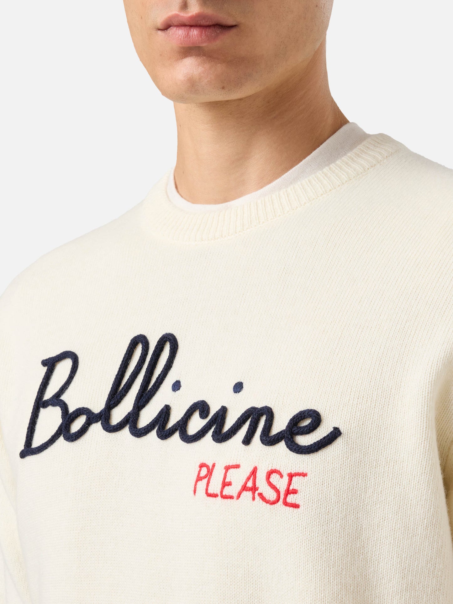 White sweater Heron with Bollicine please embroidery