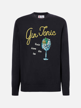 Blauer Pullover mit Reihermotiv und Gin-Tonic-Stickerei