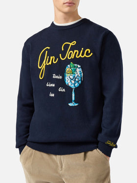 Blauer Pullover mit Reihermotiv und Gin-Tonic-Stickerei