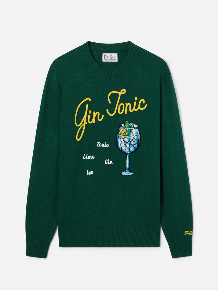 Green Heron crewneck knit with Gin Tonic intarsia and embroidery
