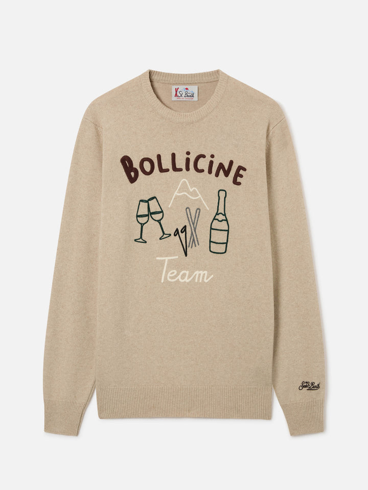 Pull col rond Beige Heron en maille avec intarsia et broderie Bollicine Team 