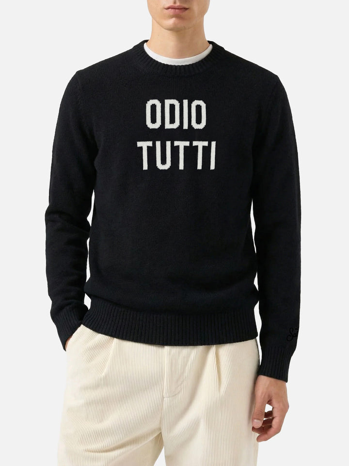 Schwarzer Heron Rundhalspullover mit „Odio tutti“-Jacquard 