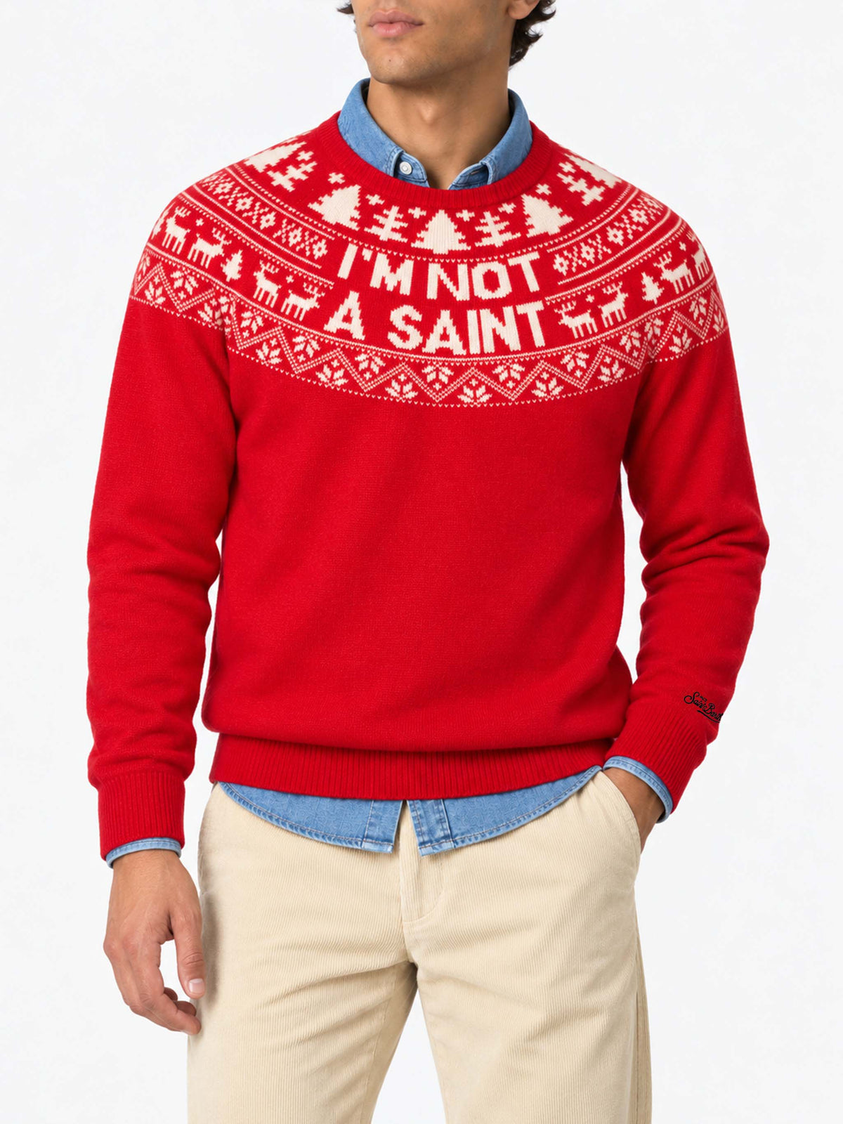Roter Pullover Heron mit Fair-Isle-Jacquard und I'm not a Saint-Jacquard 