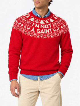 Roter Pullover Heron mit Fair-Isle-Jacquard und I'm not a Saint-Jacquard 