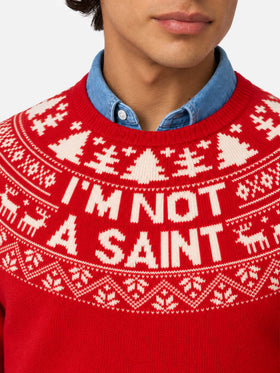 Roter Pullover Heron mit Fair-Isle-Jacquard und I'm not a Saint-Jacquard 
