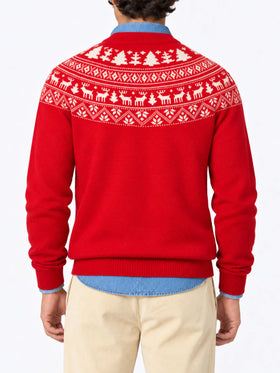 Roter Pullover Heron mit Fair-Isle-Jacquard und I'm not a Saint-Jacquard 