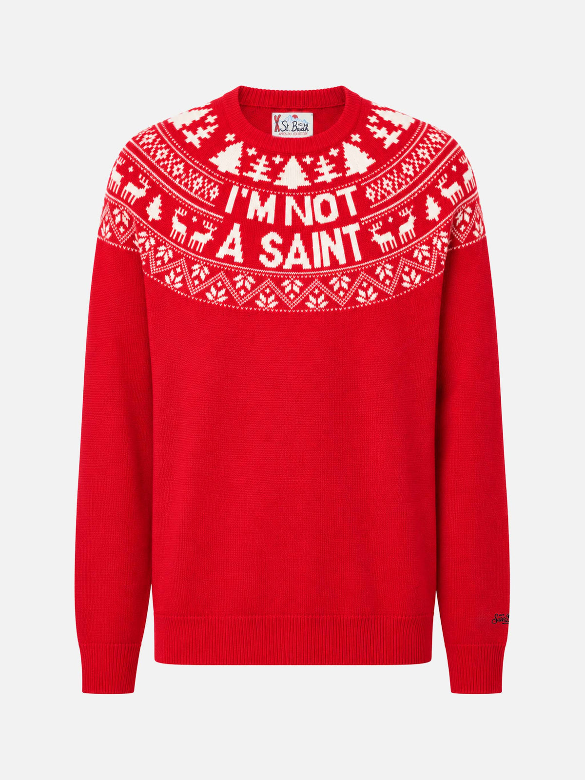 Roter Pullover Heron mit Fair-Isle-Jacquard und I'm not a Saint-Jacquard 