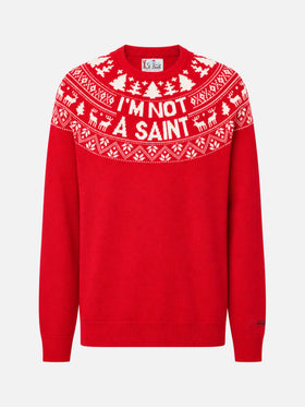 Roter Pullover Heron mit Fair-Isle-Jacquard und I'm not a Saint-Jacquard 