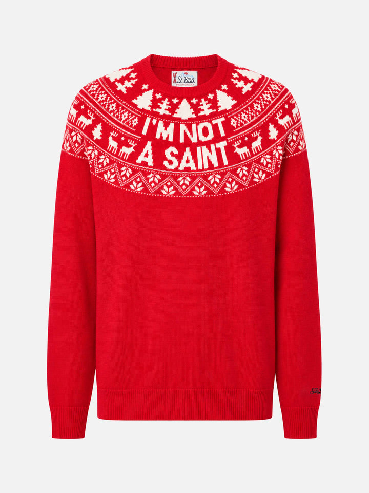 Pull rouge Heron avec jacquard Fair Isle et jacquard I'm not a Saint 