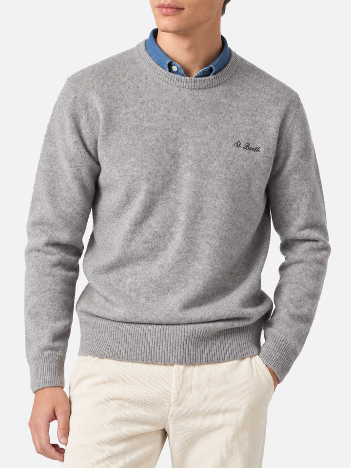 Heron grey melange sweater with St. Barth embroidery