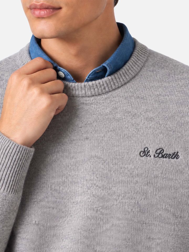 Heron grey melange sweater with St. Barth embroidery