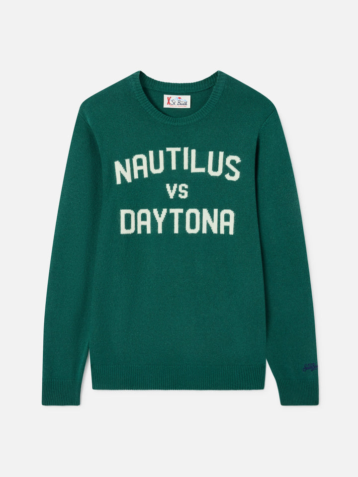 Dark green Heron crewneck sweater with Nautilus vs Daytona jacquard