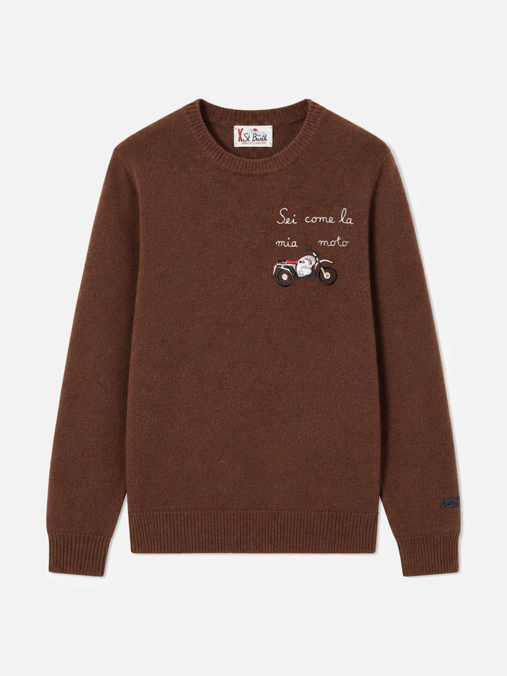 Brown Heron crewneck sweater with Sei come la mia moto embroidery