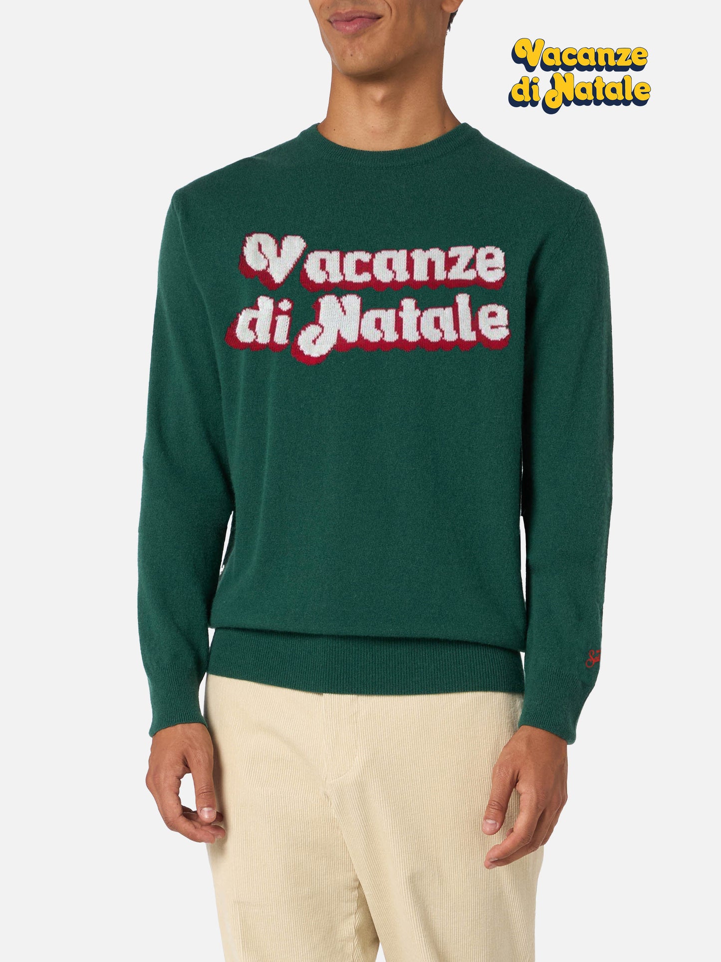 Grüner Herrenpullover Heron mit Vacanze di Natale-Logo aus Jacquard | VACANZE DI NATALE SONDERAUSGABE
