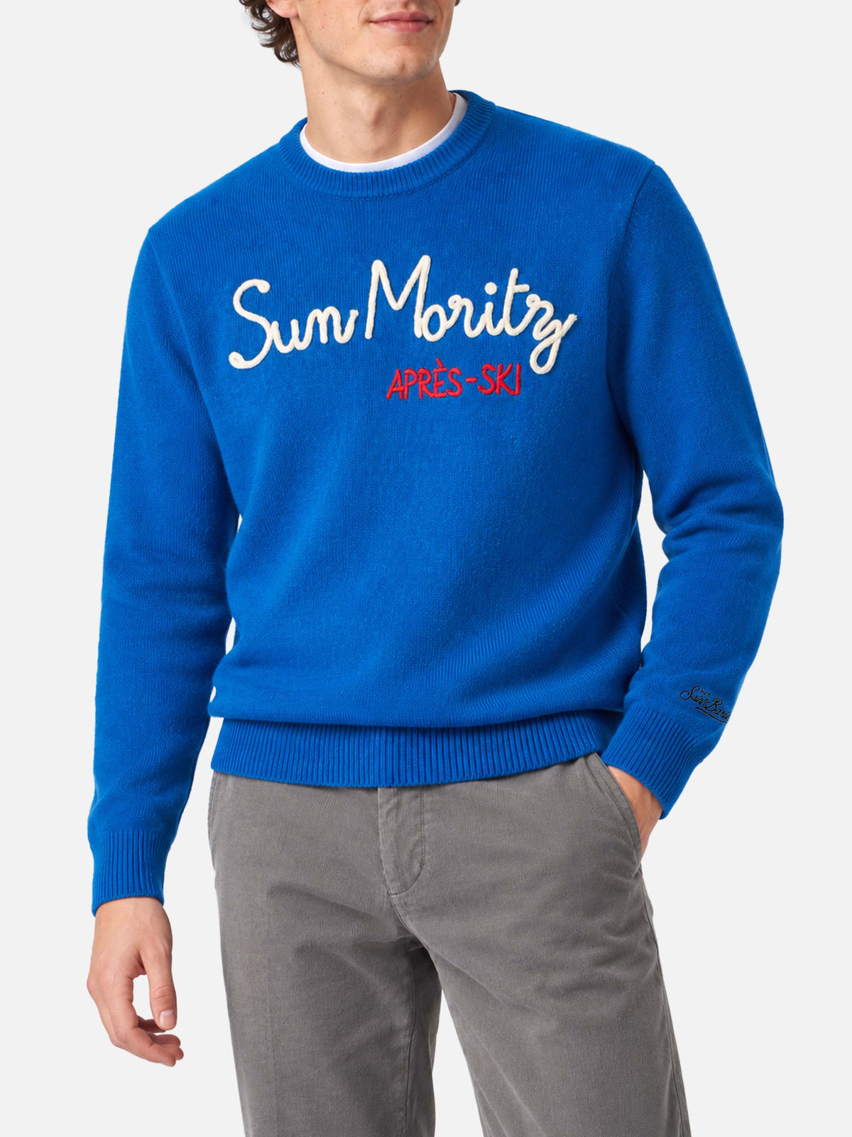 Maglia girocollo Heron blu con ricamo St. Moritz Après Ski