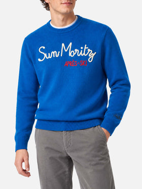 Maglia girocollo Heron blu con ricamo St. Moritz Après Ski