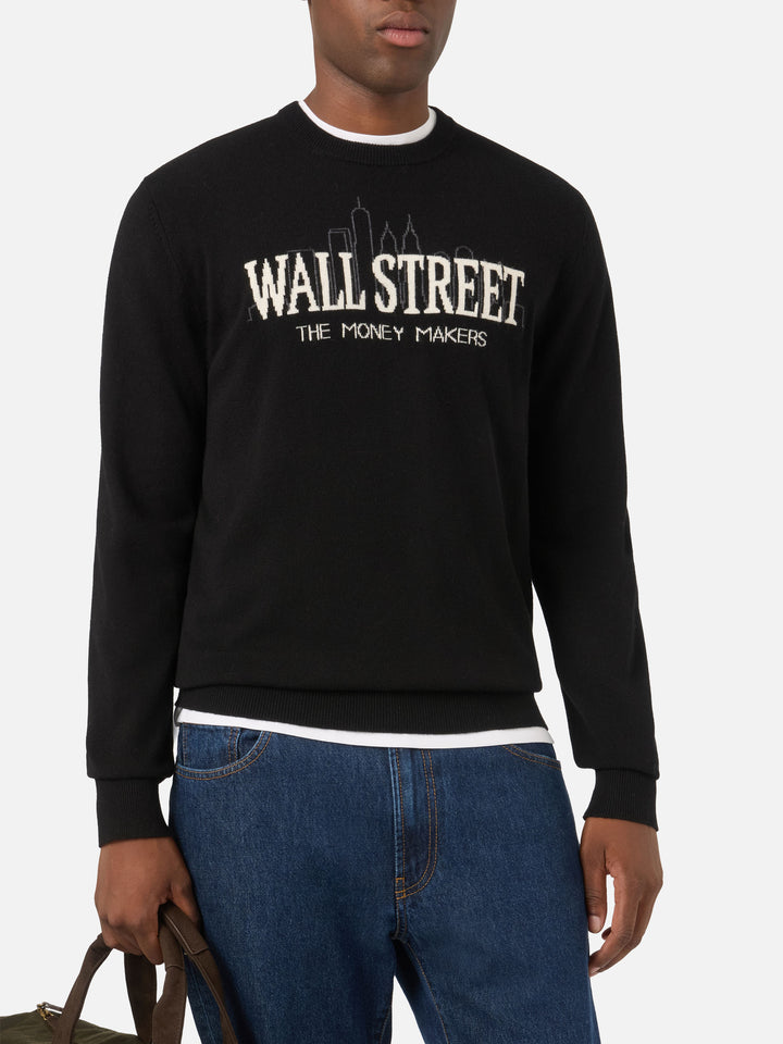 Schwarzer Black Heron Light Rundhals-Strickpullover mit Wall Street-Intarsie | Special edition 