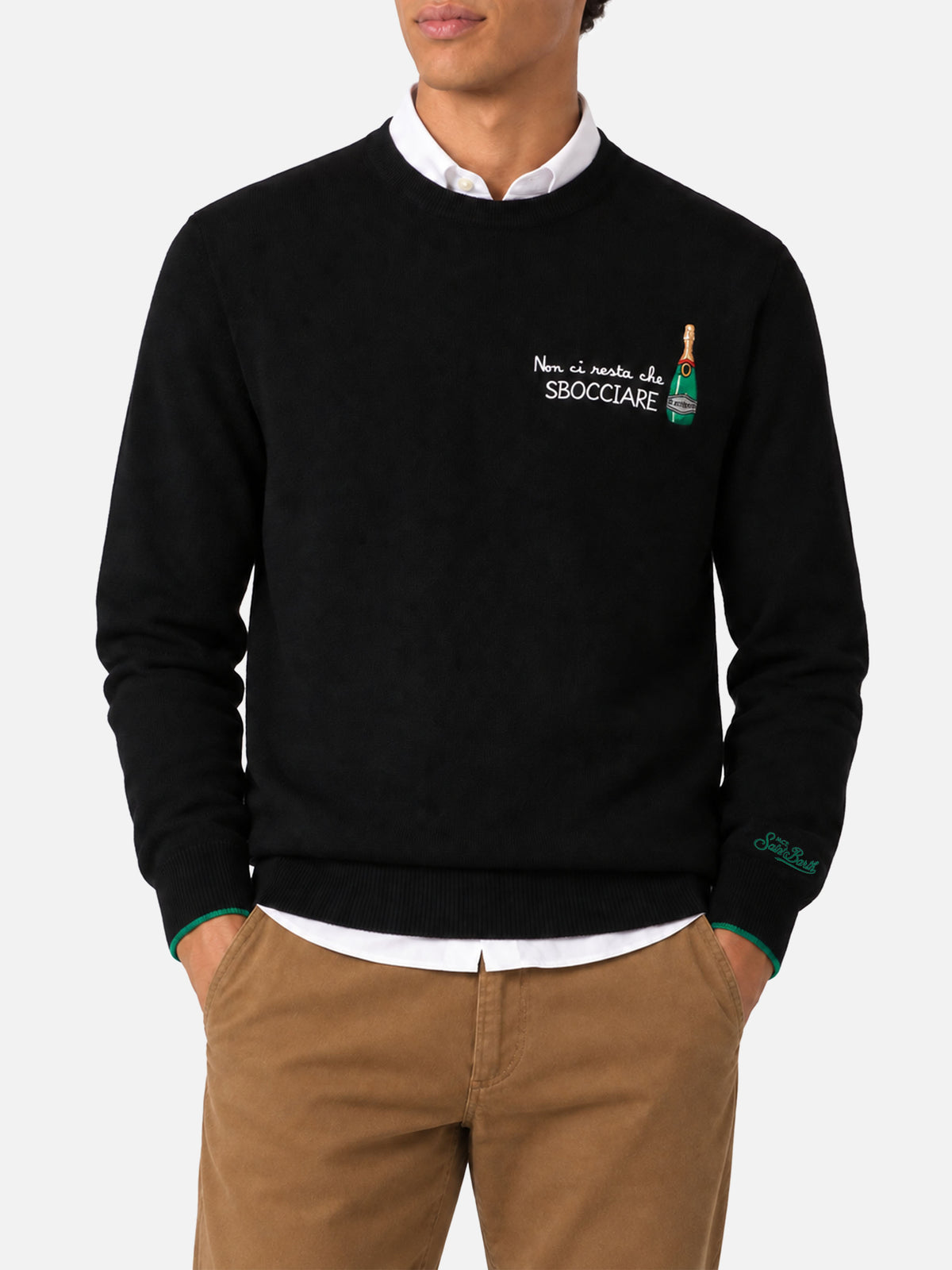Black Heron Light crewneck sweater with Non ci resta che sbocciare embroidery