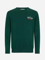 Man green sweater Heron with Cortina'83 speed embroidery