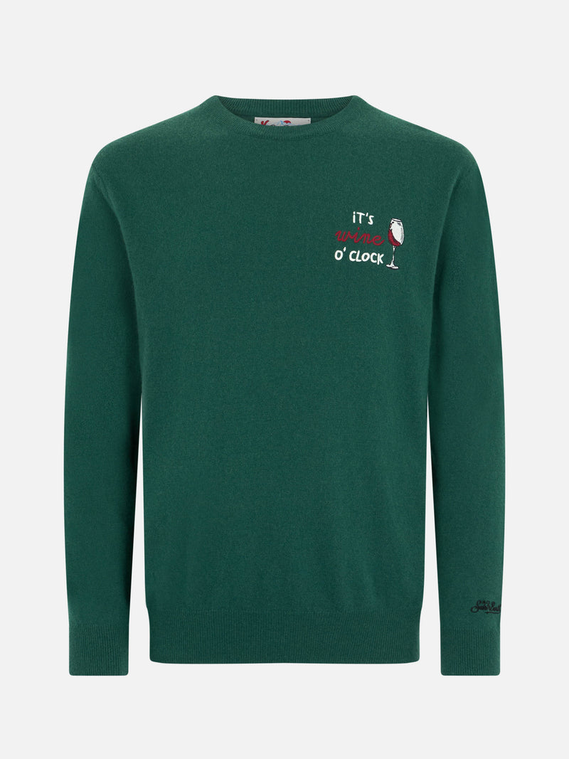 Maglione da uomo verde Heron con ricamo it's Wine o'clock