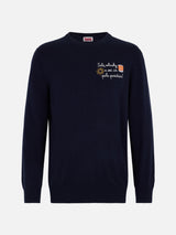 Blauer Herrenpullover Heron Light mit Stickerei „Sole, Whisky e sei in Pole Position!“ | VACANZE DI NATALE SONDEREDITION