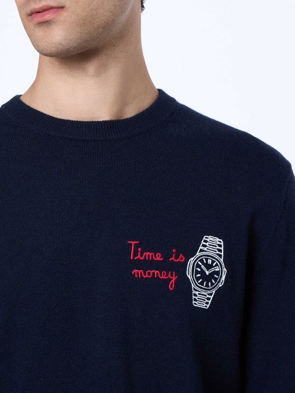 Maglione blu navy da uomo Heron con ricamo Time is money