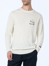 Man white sweater Heron with King of apres ski embroidery