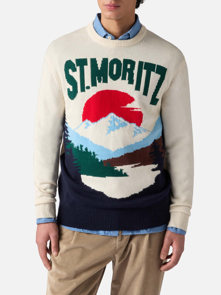 Crewneck sweater Heron with St. Moritz postcard jacquard