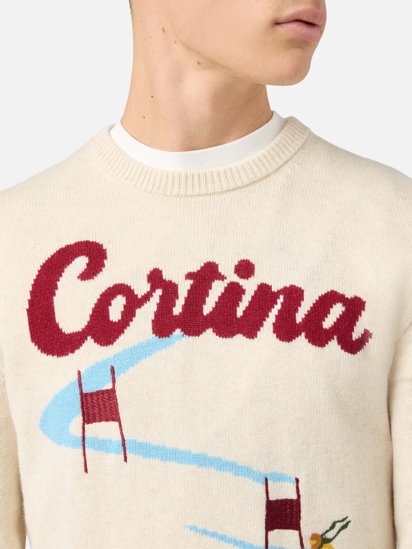 Heron crewneck in beige with Cortina postcard jacquard