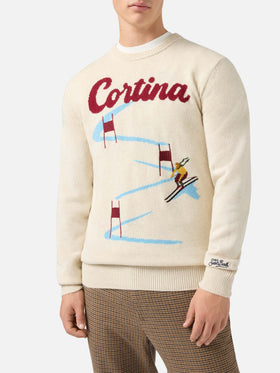 Heron crewneck in beige with Cortina postcard jacquard