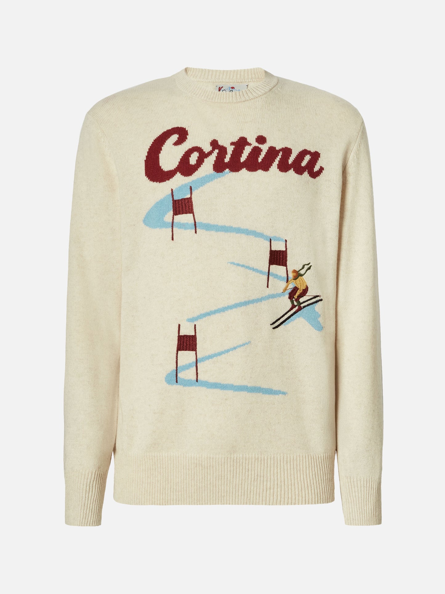Heron crewneck in beige with Cortina postcard jacquard