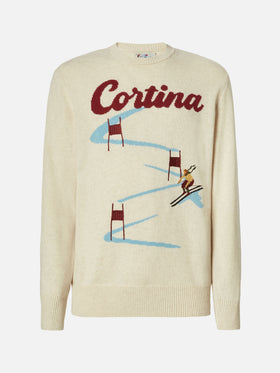 Heron crewneck in beige with Cortina postcard jacquard