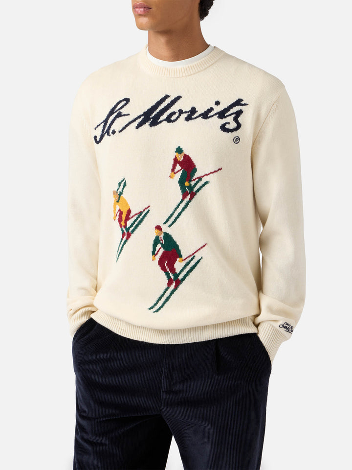 Heron sweater in white with St. Moritz Ski postcard jacquard