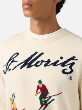 Heron sweater in white with St. Moritz Ski postcard jacquard
