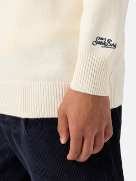 Heron sweater in white with St. Moritz Ski postcard jacquard