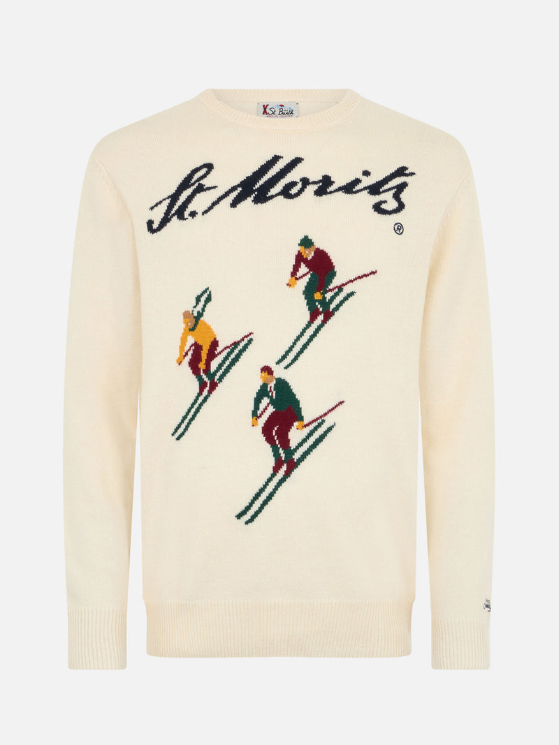 Weisser Herrenpullover Heron mit Jacquard-Print St. Moritz Ski | ST. MORITZ TOP OF THE WORLD SPECIAL EDITION